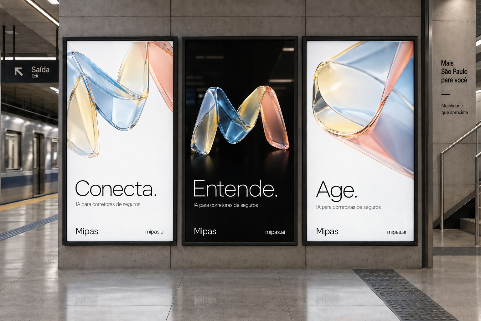 Estudo conceitual de três painéis no metrô: Conecta em branco, Entende em preto e Age em branco